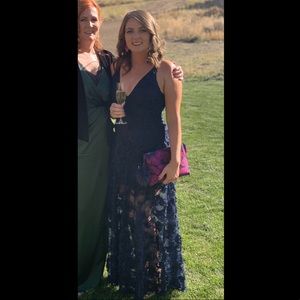 Navy Lace Floor Length Evening Dress